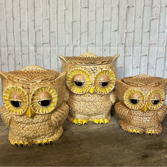 Vintage Double Sided Face Owl Set Of 3 OWL-SITTRE ‘79 Cookie Jar Canister - Picture 1 of 10